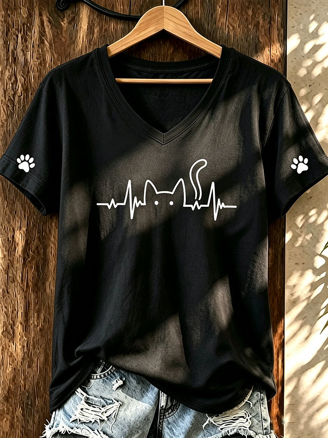 Women'S Cute Cat Print V-Neck T-Shirt