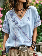 Women'S Floral Patterned Cotton And Linen Casual Top