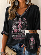 Women'S Breast Cancer Printed V-Neck Short Sleeve T-Shirt