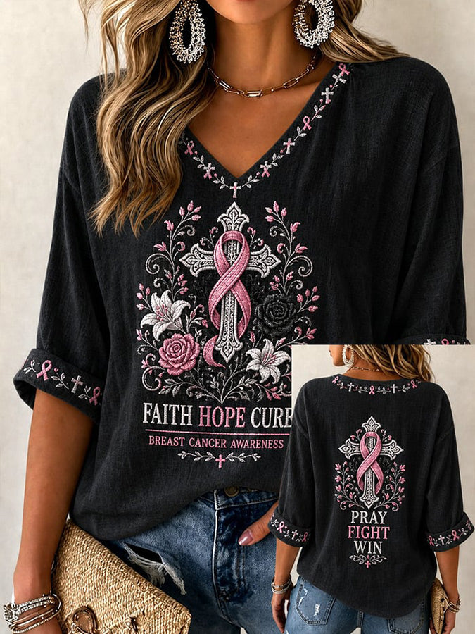 Women'S Breast Cancer Printed V-Neck Short Sleeve T-Shirt