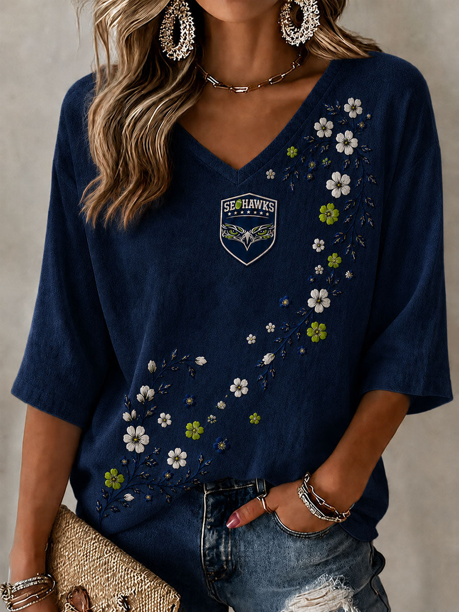 Women's American football V-Neck Three-quarter sleeve T-shirt
