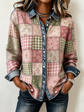 Women'S Artistic Floral Color-Block Design Print Lapel Long Sleeve Shirt