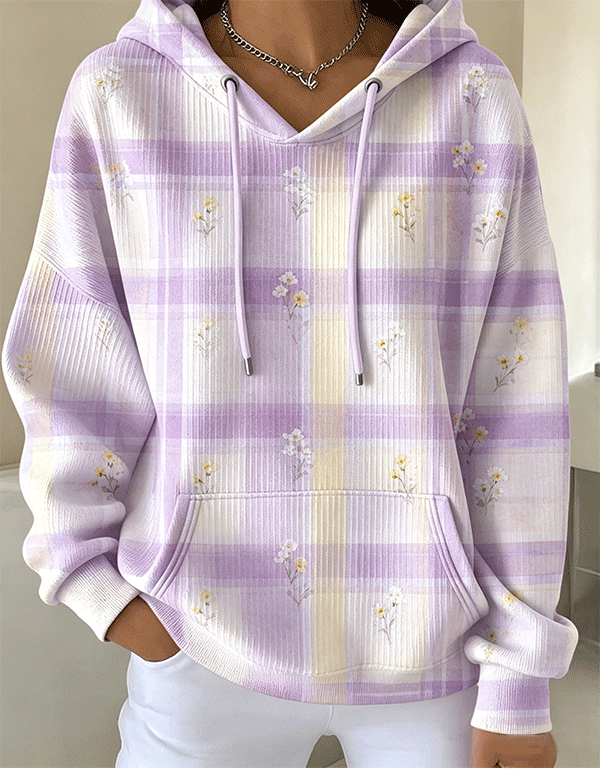 Women's Pastel Plaid Floral Print Casual Oversized Hoodie