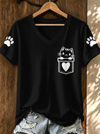 Women'S Cat Printed V-Neck T-Shirt