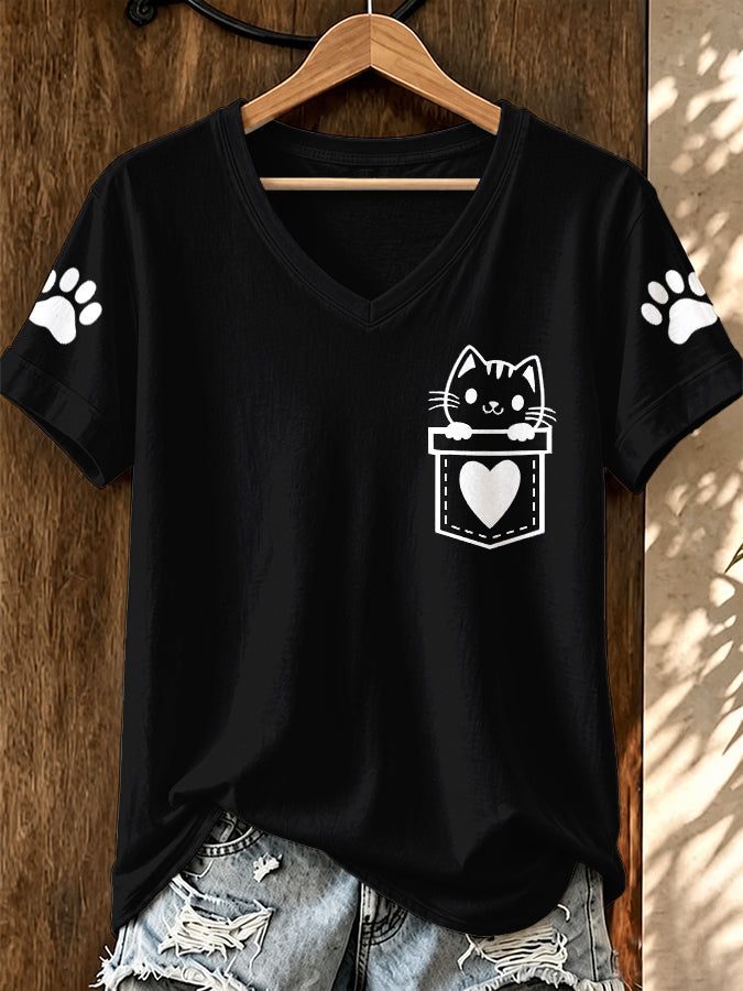Women'S Cat Printed V-Neck T-Shirt