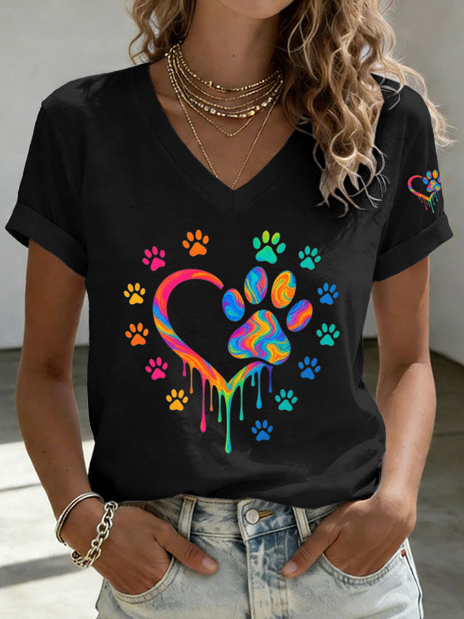 Women'S Paw Heart Print V-Neck T-Shirt