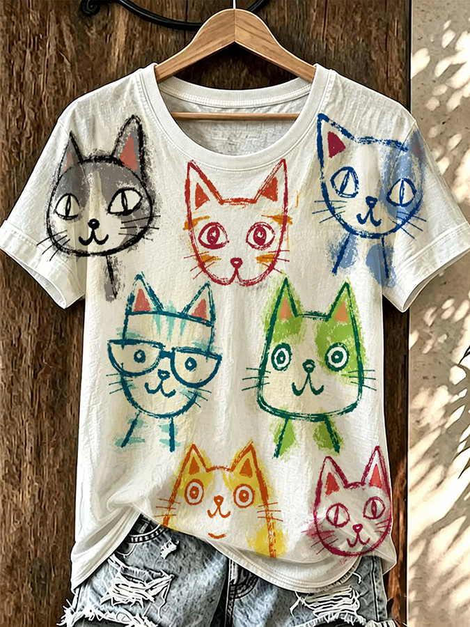 Women'S Fun Cat Sketched Round Neck T-Shirt