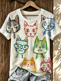 Women'S Fun Cat Sketched Round Neck T-Shirt