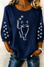 Elegant Cat Print Round Neck Top For Women'S Clothing
