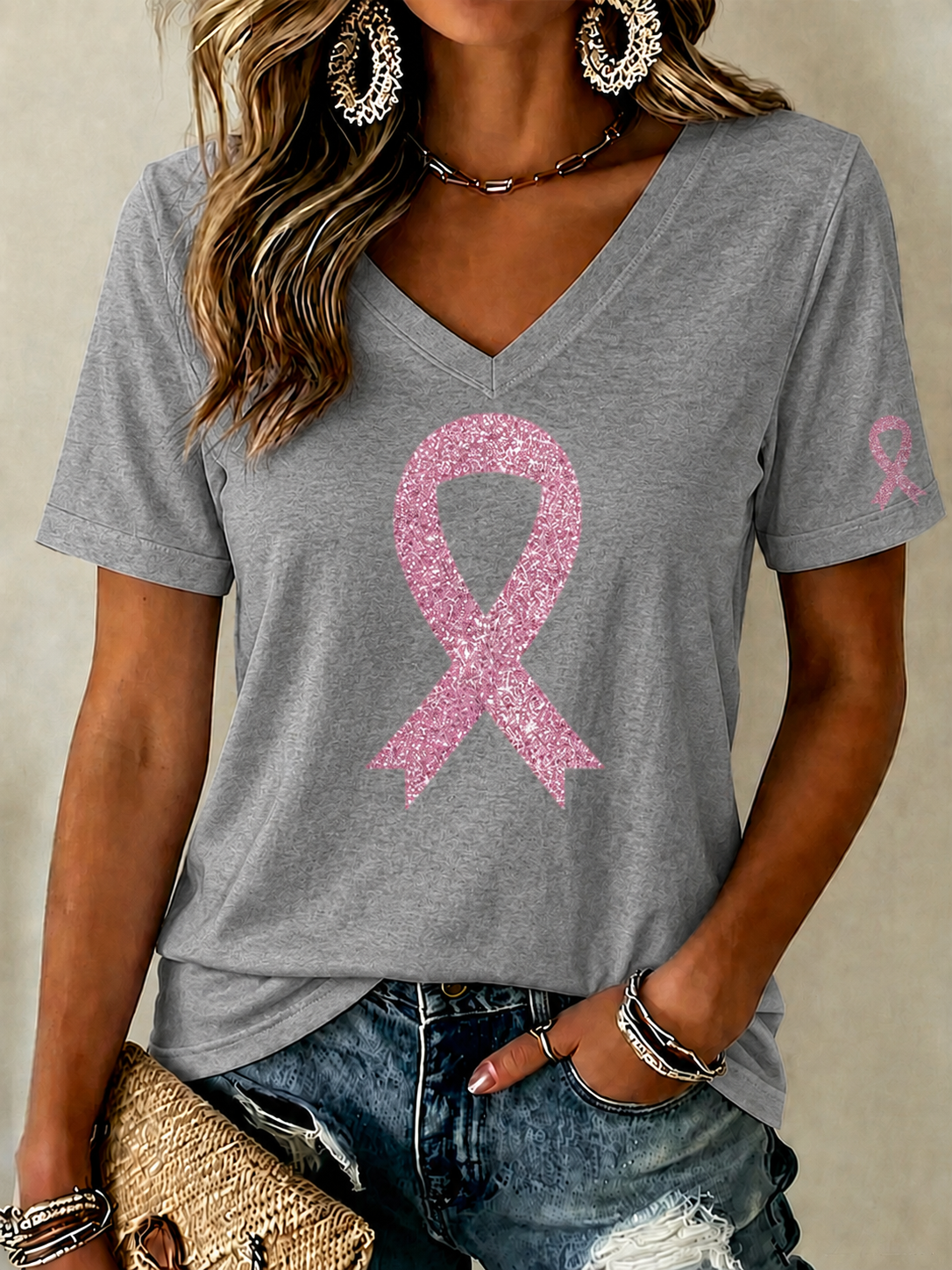 Women'S Breast Cancer Prevention And Control Propaganda Printed Short Sleeved T-Shirt