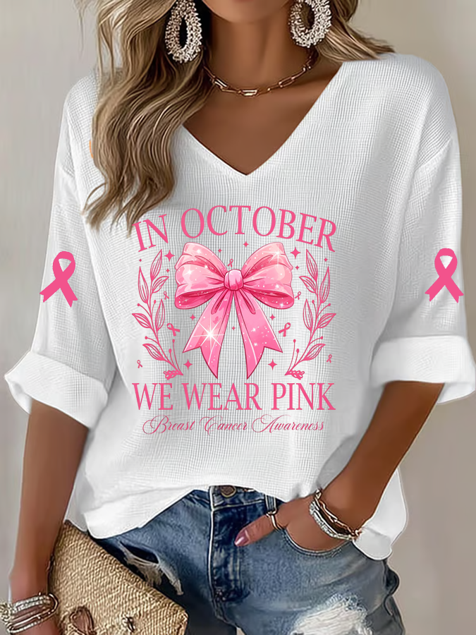 Women'S In October We Wear Pink  Print Waffle  Top