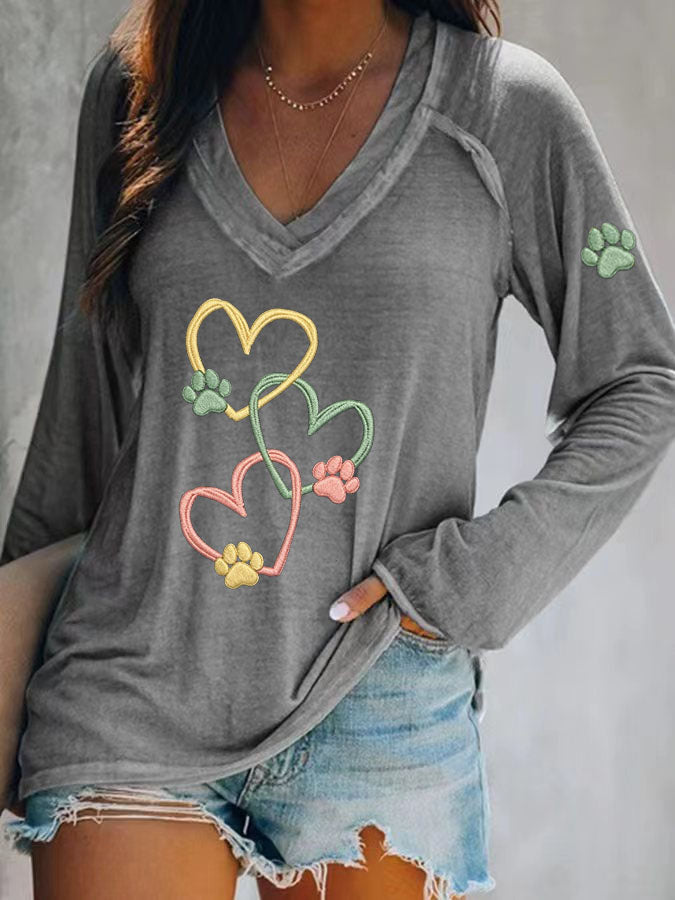 Women's Heart Paw Print Long Sleeve T-shirt