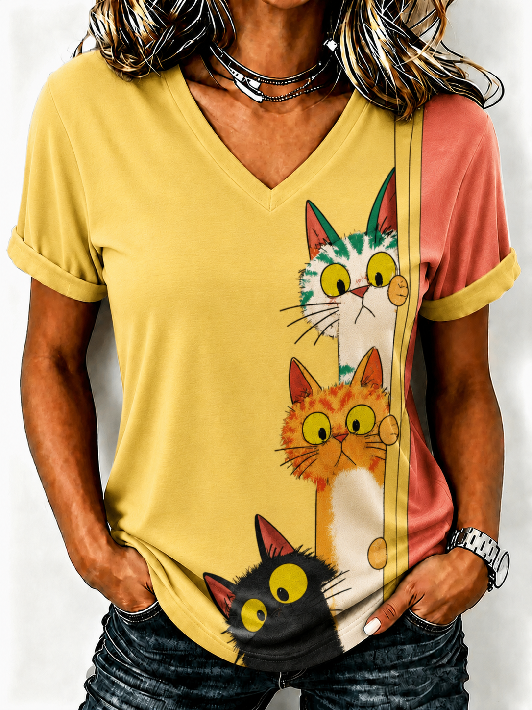 Women'S Cute Cat Printed Casual T-Shirt