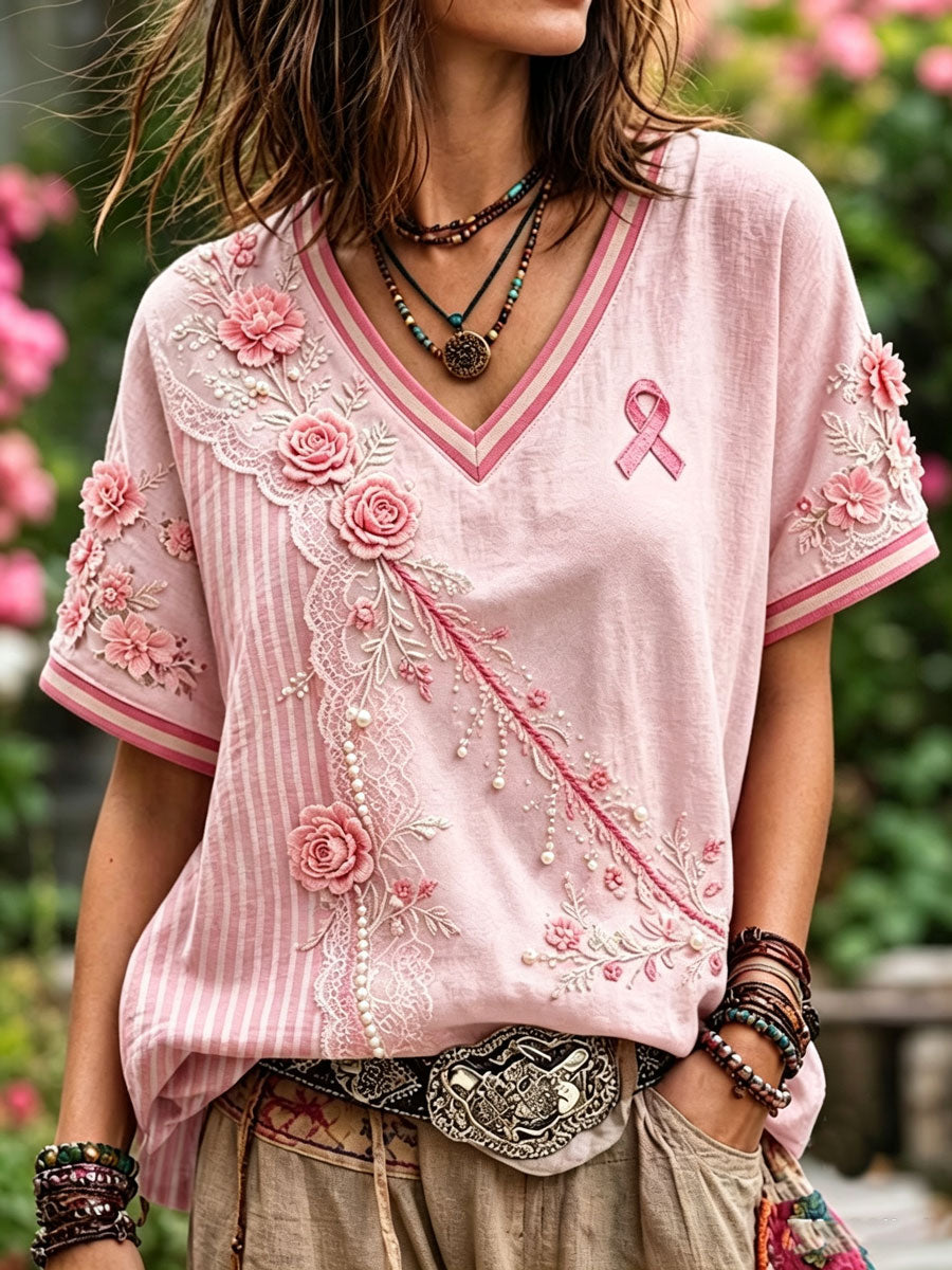 Women'S Floral Patterned Cotton And Linen Casual Top