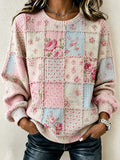 Women'S Waffle Pink Art Round Neck Checkered Sports Shirt