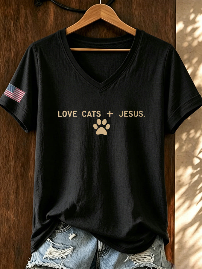 Women Love Jesus And Cats Printed T-Shirt