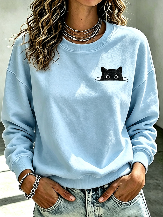 Women'S Casual Black Cat Art Printed Sports Shirt