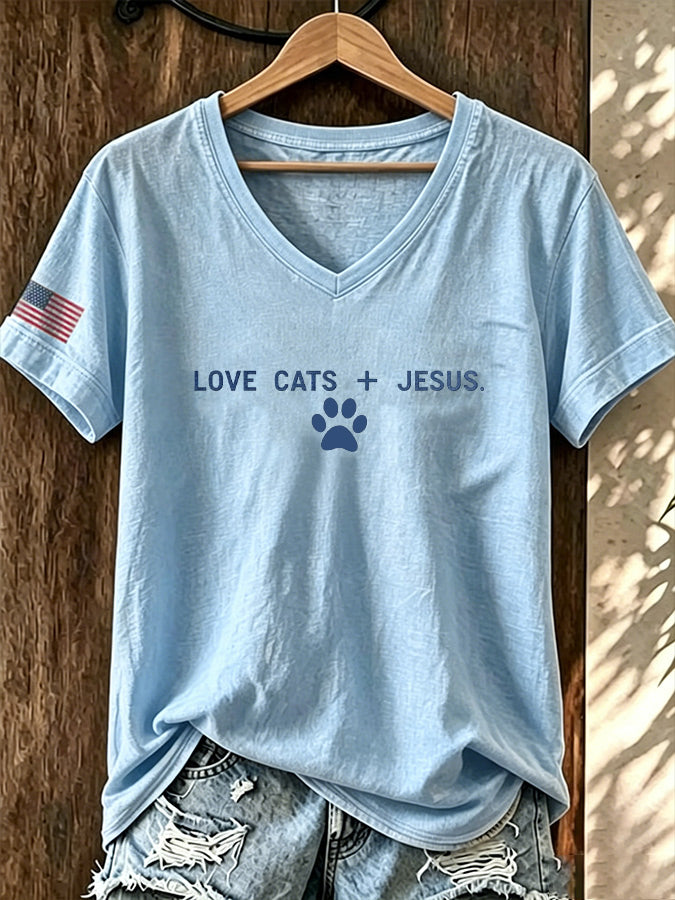 Women Love Jesus And Cats Printed T-Shirt