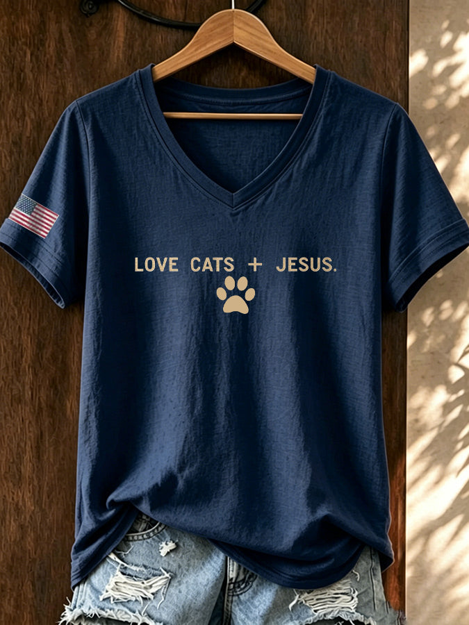 Women Love Jesus And Cats Printed T-Shirt