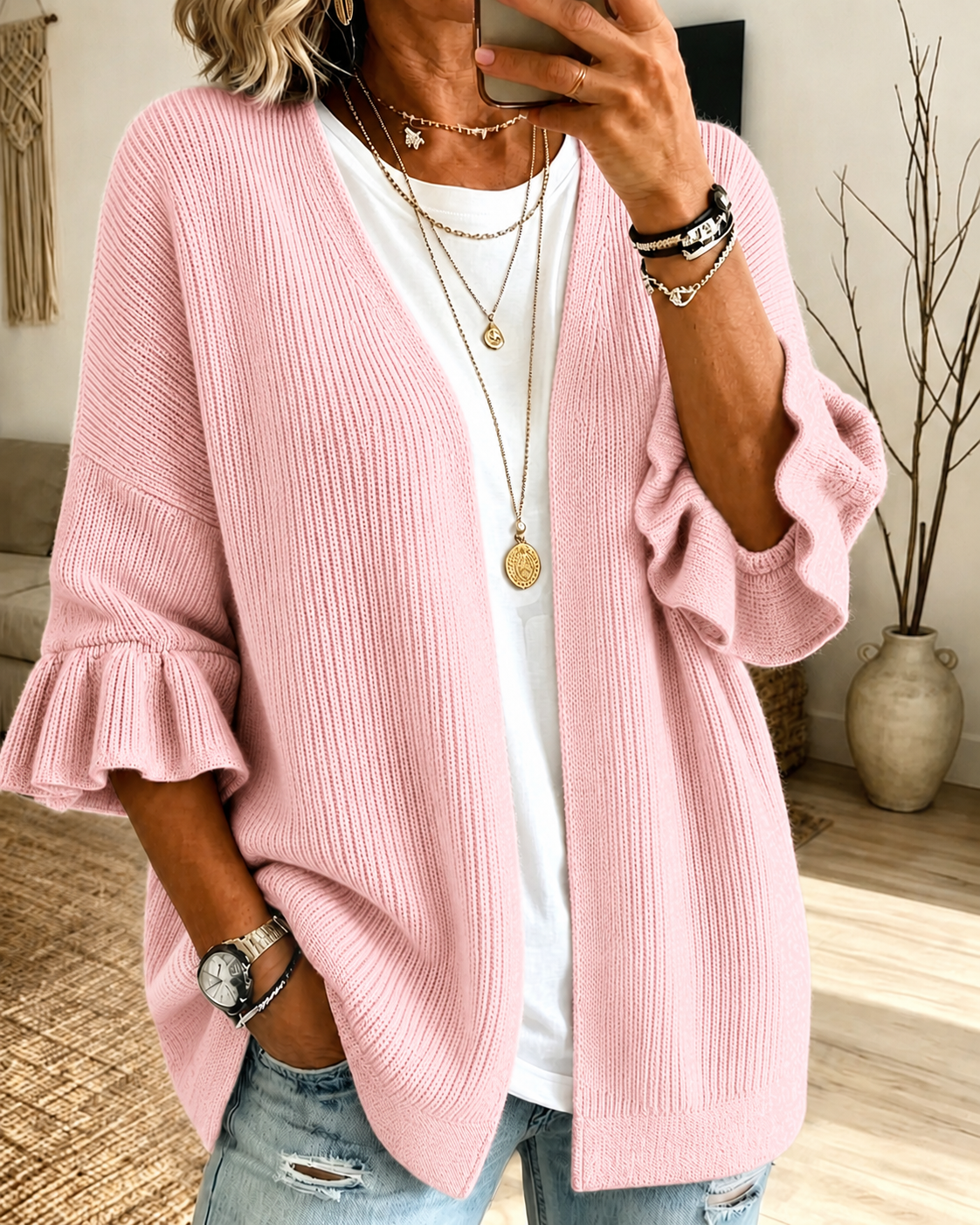 Women'S Casual Solid Color Lotus Leaf Sleeve Cardigan