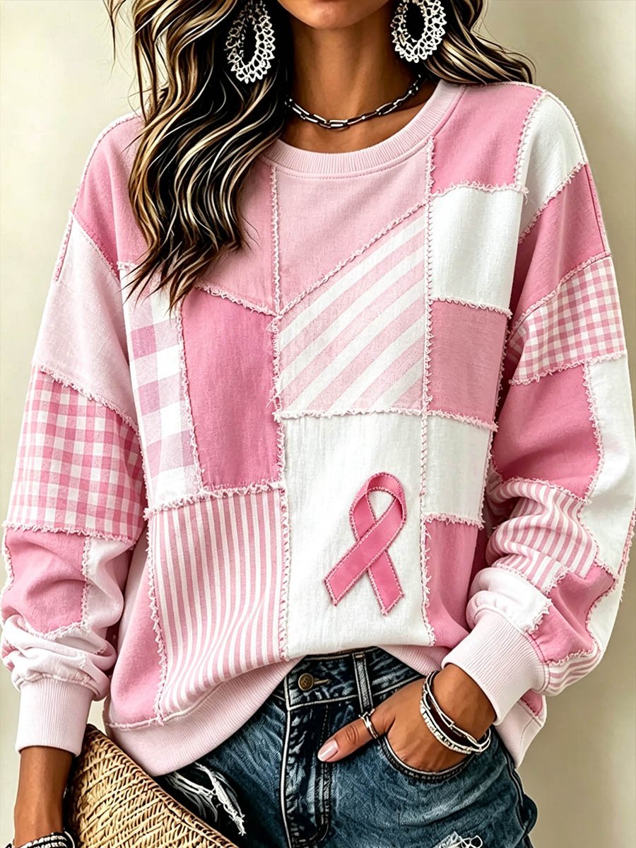 Women's Pink Patchwork Print Breast Cancer Awareness Crewneck Sweatshirt