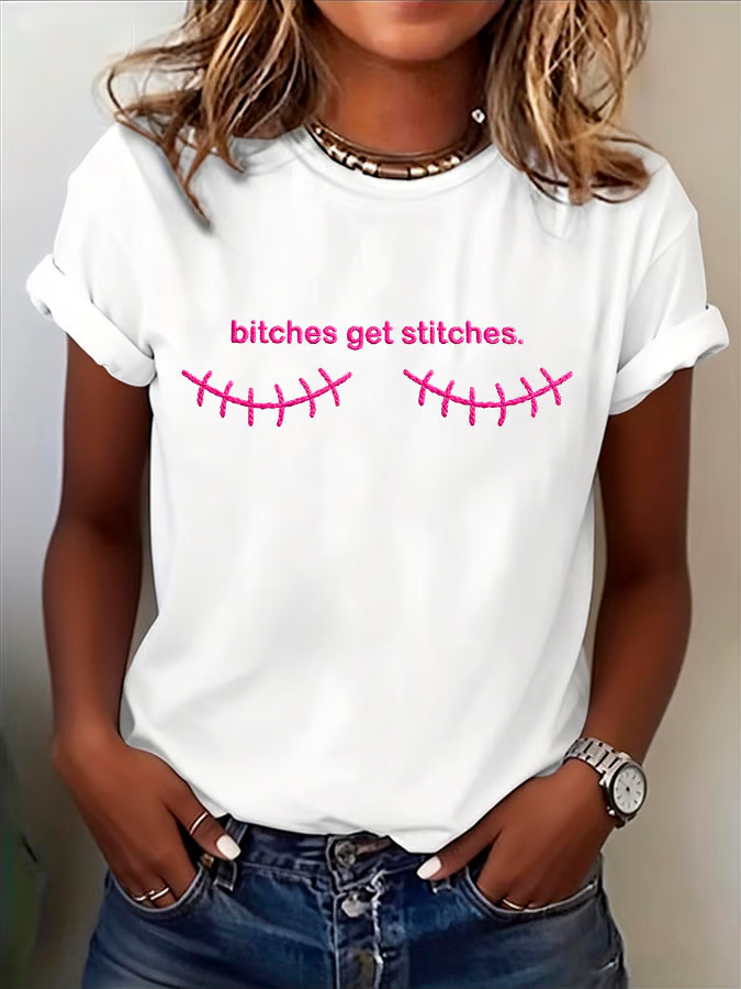 Women'S Casual Breast Cancer Prevention And Treatment Charity Printed Round Neck T-Shirt