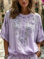 Women's Floral Art Cotton Linen V-Neck Short Sleeved Top