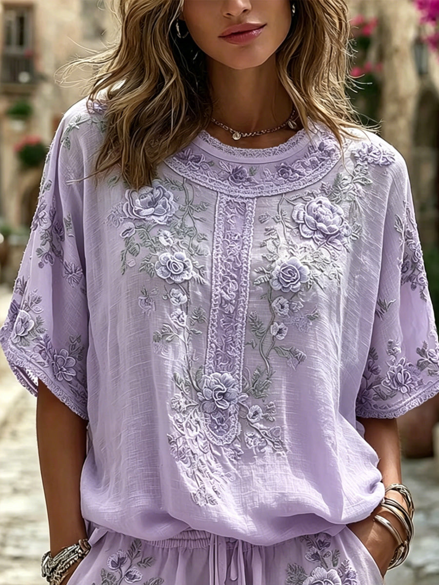 Women's Floral Art Cotton Linen V-Neck Short Sleeved Top