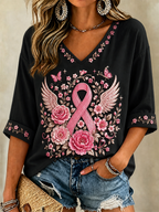 Women'S Breast Cancer Printed V-Neck Short Sleeve T-Shirt