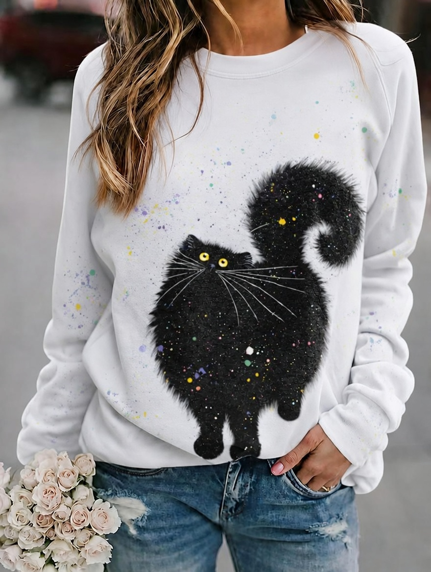 Women'S Casual Black Cat Art Printed Sports Shirt
