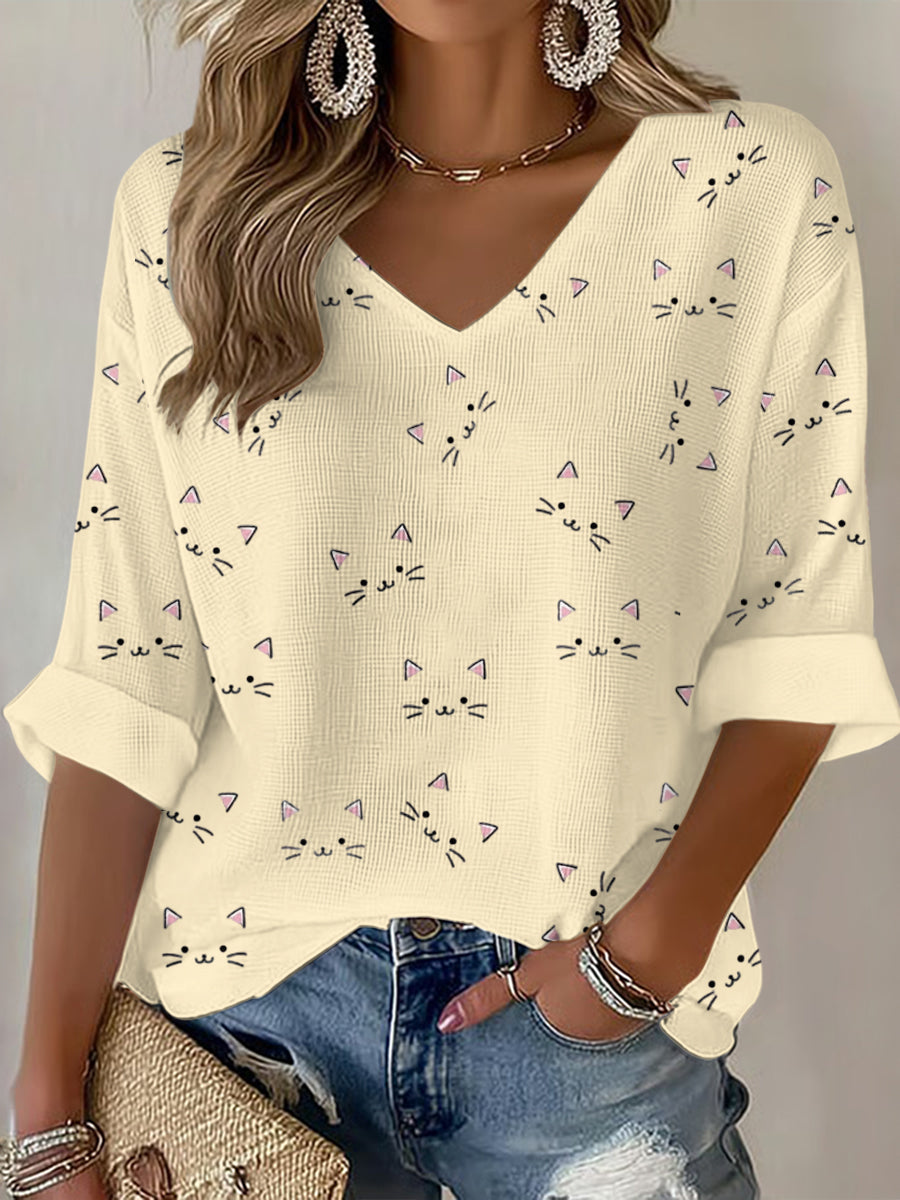 Women'S Cat Printed Waffle T-Shirt