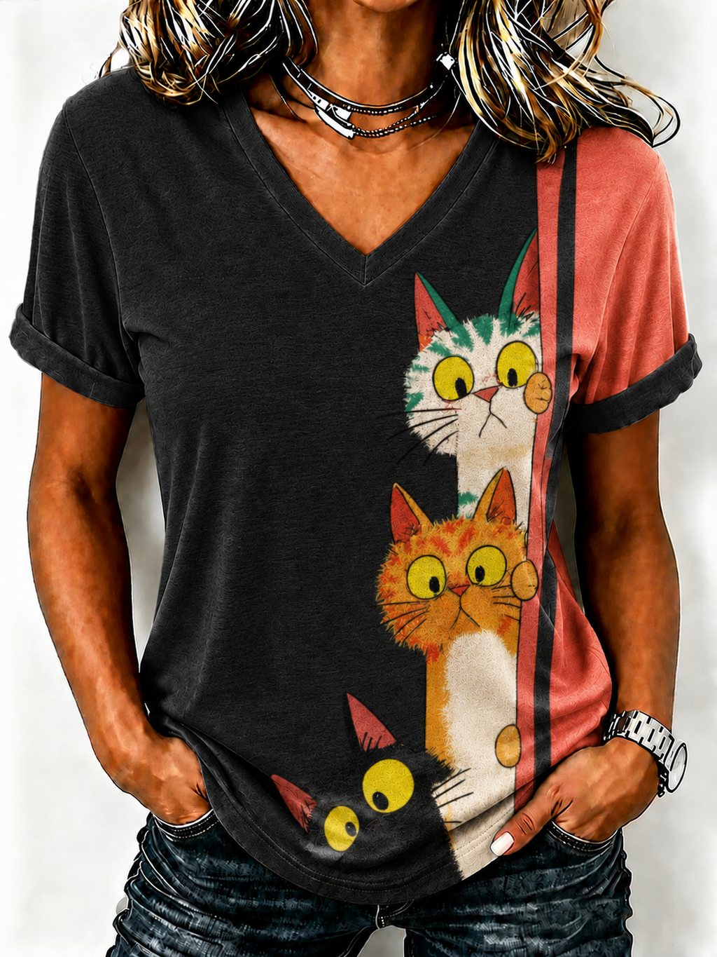 Women'S Cute Cat Printed Casual T-Shirt