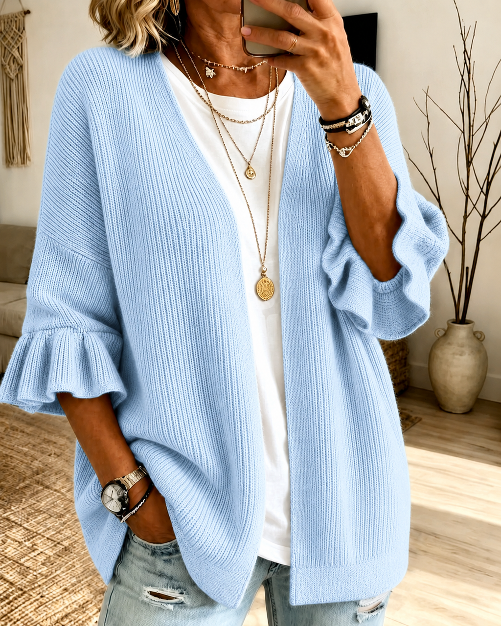 Women'S Casual Solid Color Lotus Leaf Sleeve Cardigan