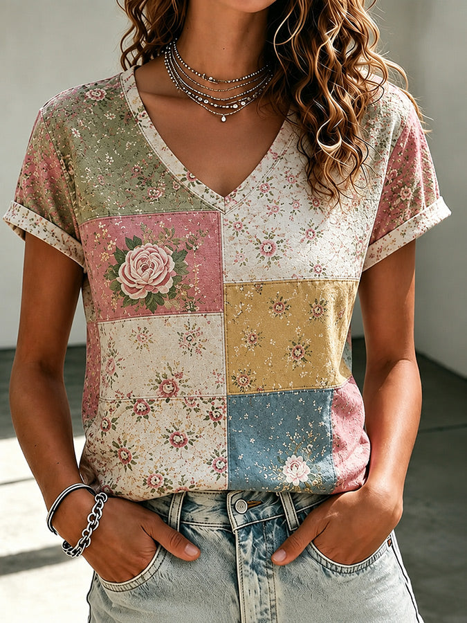 Ladies' Casual Pink Floral Sticker Printed T-Shirt
