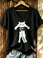 Women'S Cute Cat Printed Casual V-Neck T-Shirt