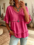 Women'S Casual V-Neck Solid Color Multi-Color Short Sleeved Shirt