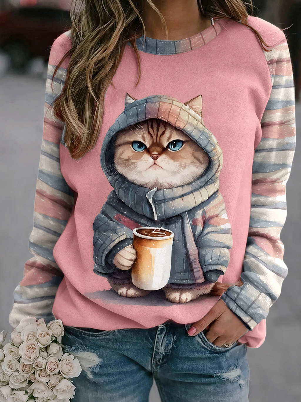 Women's retro cat art printed round neck shoulder sweatshirt