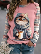Women's retro cat art printed round neck shoulder sweatshirt