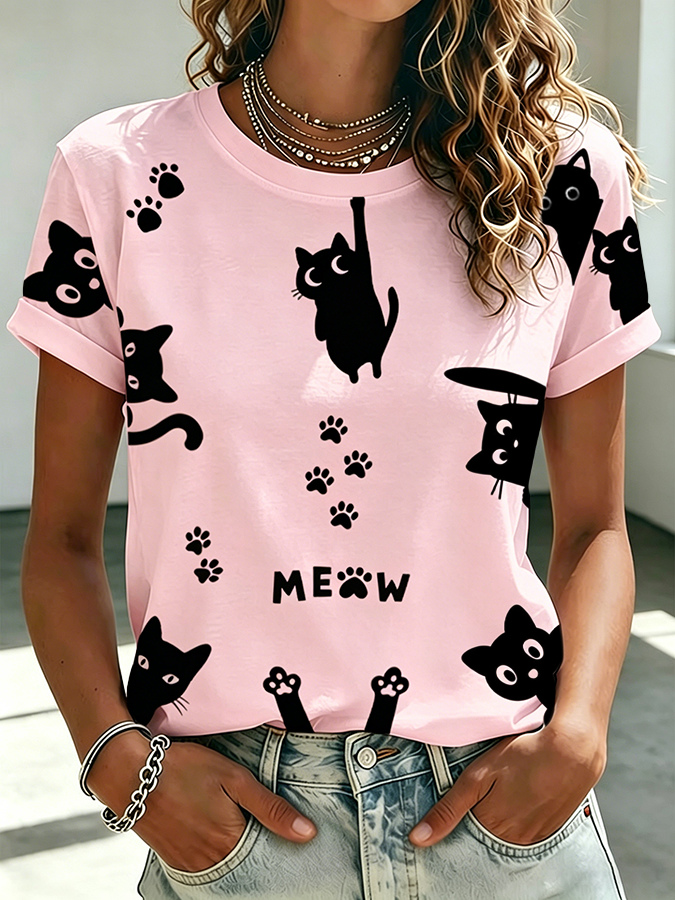 Women's Cute Cat Printed Casual T-shirt