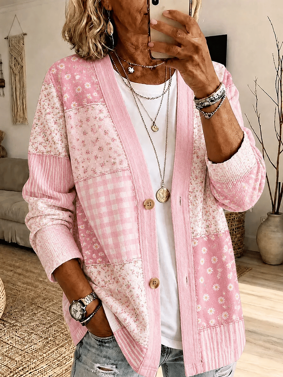 Women's Breast Cancer Prevention Themed Floral Print Casual Cardigan