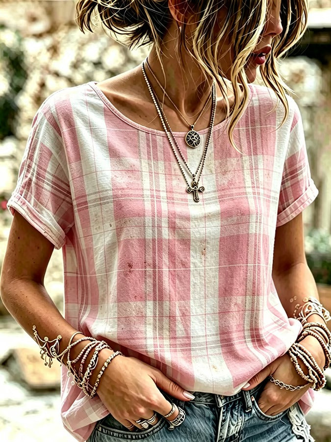 Women'S Casual Pink Floral Print Short-Sleeve Top