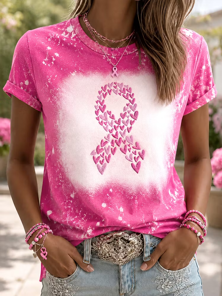 Women's Hope For A Cure Pink Ribbon Love Heart Print Breast Cancer Awareness Support Tee