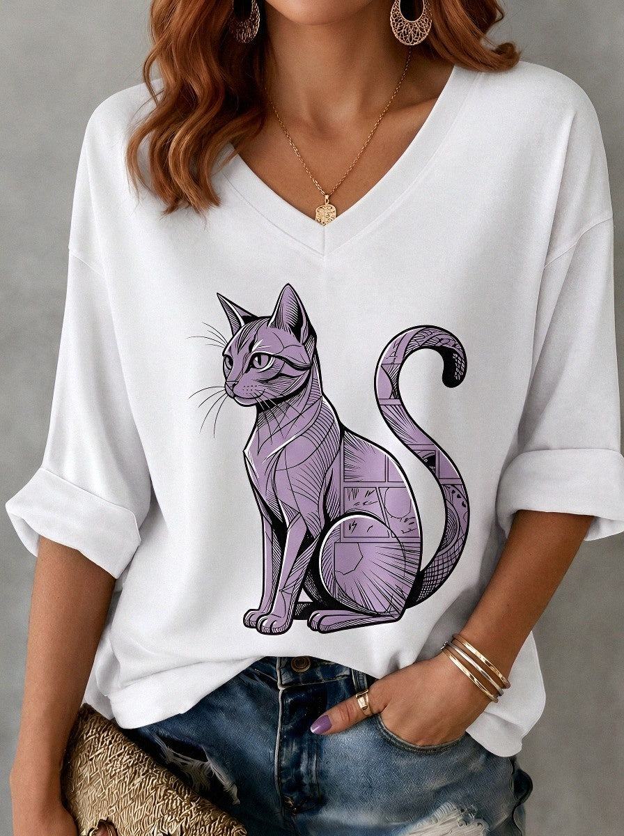 Women's Cat Lover Geometric Black Cat Printed V-neck T-shirt