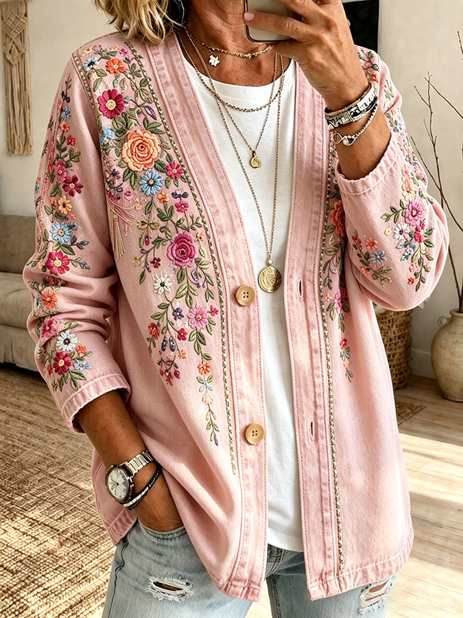 Women'S Pink Art Print Casual Cardigan