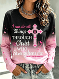 Women's Christian Cross Breast Cancer Gradient Long Sleeve Top