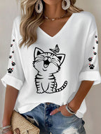 Women's Cute Cat Print Waffle T-shirt