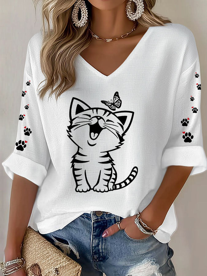 Women's Cute Cat Print Waffle T-shirt