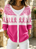 Women's Casual Striped Breast Cancer Awareness V-Neck Cardigan