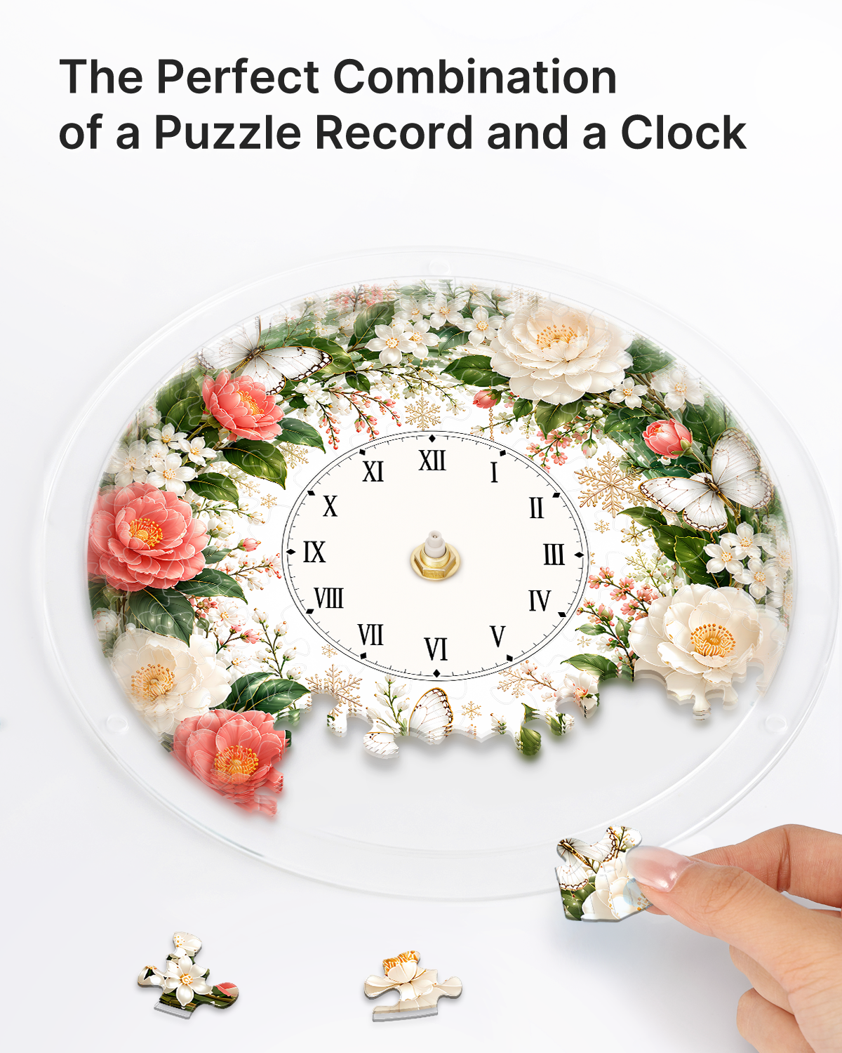 DIY Acrylic Puzzle Clock Kit - Pink White Roses