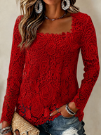 Women'S Pink Multi-Color U-Shaped Collar Square Collar Lace Base Shirt Long Sleeved T-Shirt